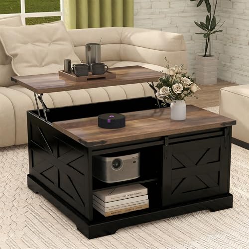 TaoHFE Black Lift Top Coffee Table with Storage,Rustic Black Farmhouse Coffee Table, Square Storage Compartment and Adjustable Shelves Coffee Tables for Living Room - color: Black