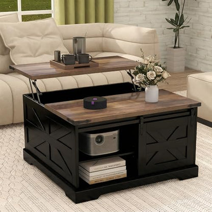 TaoHFE Black Lift Top Coffee Table with Storage,Rustic Black Farmhouse Coffee Table, Square Storage Compartment and Adjustable Shelves Coffee Tables for Living Room - color: Black