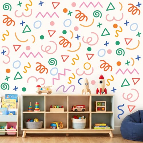 AOWDIAO 200 Pcs Geometric Wall Decals - Peel and Stick, Waterproof Vinly Colorful Wall Stickers for Kids Room, Playroom and Nursery - style: Geometric Lines