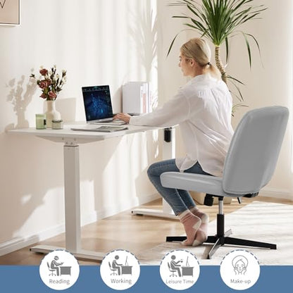 DUMOS Criss Cross Chair No Wheels, Wide Seat Cross Legged Office Desk Vanity Chair, Faux Leather Armless Height Adjustable Swivel Task Computer Chairs for Home, Study, Grey PU - color: Grey Pu
