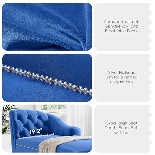 JIVOIT Velvet Upholstered Sofa Chaise Loungers, 58" Chaise Lounge with Nailhead Trim and Solid Wood Legs, Button Tufted Right Arm Facing Lounge Chair for Living Room, Sleeper Lounge Sofa - color: Blue-velvet