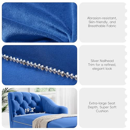 JIVOIT Velvet Upholstered Sofa Chaise Loungers, 58" Chaise Lounge with Nailhead Trim and Solid Wood Legs, Button Tufted Right Arm Facing Lounge Chair for Living Room, Sleeper Lounge Sofa - color: Blue-velvet