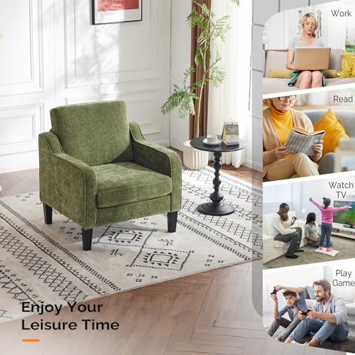 VINGLI Chair Olive Green Upholstered Chenille Accent Chair for Living Room, Bedroom, Mid-Century Modern Arm Chair Comfy Reading Chair with Scooped Arms - color: Olive Green