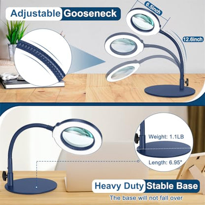 IVMAIE 12X Magnifying Glass with Light, Real Glass Lens, 5 Color Modes Dimmable, Flexible Gooseneck Lighted Magnifier with Stand, LED Desk Lamp Hands Free for Crafts Painting Reading Close Work, Blue - color: Blue