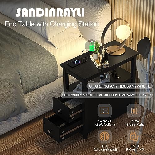 End Table with Charging Station, Side Table with 2 Drawer & USB Ports & Power Outlets, Nightstand for Small Spaces, Bedside Tables for Living Room Black - color: Black