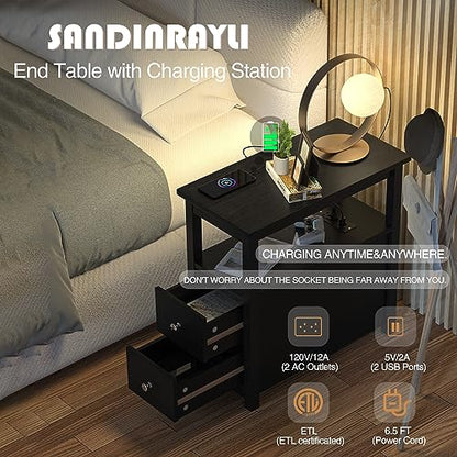 End Table with Charging Station, Side Table with 2 Drawer & USB Ports & Power Outlets, Nightstand for Small Spaces, Bedside Tables for Living Room Black - color: Black