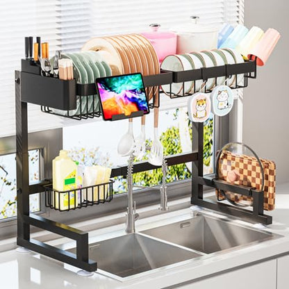 ADBIU Over The Sink Dish Drying Rack (Expandable Height and Length) Snap-On Design 2 Tier Large Dish Rack - color: Black, size: 22.6" - 35.5"(L) x 12"(W) x 19" - 22"(H)