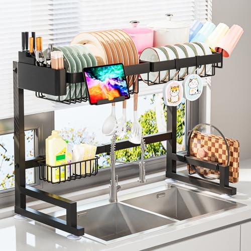ADBIU Over The Sink Dish Drying Rack (Expandable Height and Length) Snap-On Design 2 Tier Large Dish Rack - color: Black, size: 22.6" - 35.5"(L) x 12"(W) x 19" - 22"(H)
