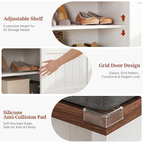 Farmhouse L Shaped Corner Shoe Storage Bench with Cushion Entryway Shoe Rack with Slide Barn Doors, Adjustable Shelf and 1 Cabinet for Entryway Dining Room, Kitchen, Bedroom (White-Brown)