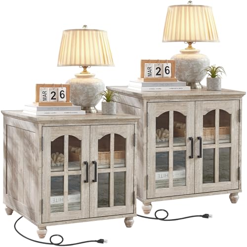 RWYHG Farmhouse 24" End Table Set 2 with Charger, Glass Barn Door, Grey | USB Ports, Solid Wood Legs, Adjustable Storage Shelf, Square Bedside Table for Living Room,Bedroom - color: Grey, size: Set 2