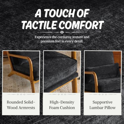 Karl home Mid-Century Modern Accent Reading Chair, Black | Chenille Upholstered, Solid Wood Frame, Soft Cushion, Lumbar Pillow, Lounge Armchair for Living Room, Bedroom, Balcony, Study - color: Chenille Black