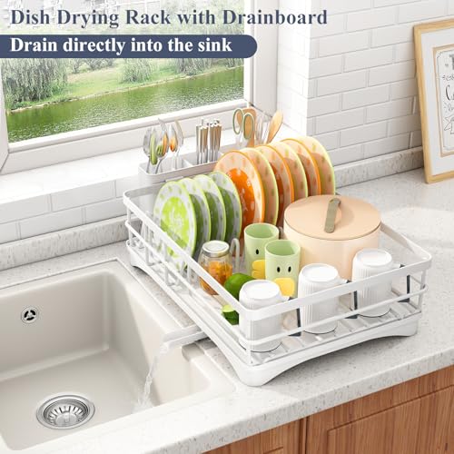 SAYZH Dish Drying Rack for Kitchen Counter with Utensil Holder, White | Stainless Steel, Large Capacity, Angled Drainboard, Rotating Spout, Removable to Clean - color: White