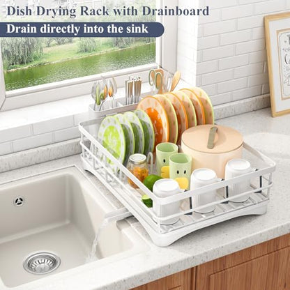 SAYZH Dish Drying Rack for Kitchen Counter with Utensil Holder, White | Stainless Steel, Large Capacity, Angled Drainboard, Rotating Spout, Removable to Clean - color: White
