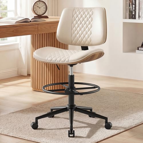 Drafting Chair with Adjustable Footrest, Rolling Walnut Stool, Beige | Armless Tall Swivel Stool for Standing Desk, PU Leather Curved Bentwood, Rolling for Office & Art Studio, 300LBS Capacity - color: Beige