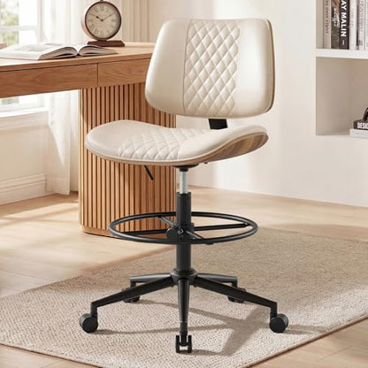 Drafting Chair with Adjustable Footrest, Rolling Walnut Stool, Beige | Armless Tall Swivel Stool for Standing Desk, PU Leather Curved Bentwood, Rolling for Office & Art Studio, 300LBS Capacity - color: Beige