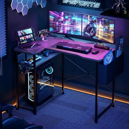 L Shaped Gaming Desk 48 Inch - Computer Corner Desk with Power Outlets, Reversible Shelves & Storage Bag for Home Office, PC Gaming Table, Black Carbon - color: Black Carbon, size: 48inch-L shaped