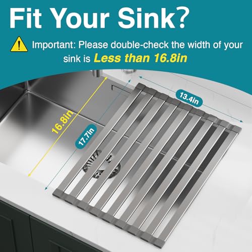 COOL-ANGLE Aluminum Roll Up Dish Drying Rack, 17.7x13.4 Inches, Matte Gray | Rust proof aviation aluminum, Heat resistant trivet up to 400F, Fits sinks up to 16.8 inches, Foldable for compact RV storage - size: Rectangle 17.7'' x 13.4''