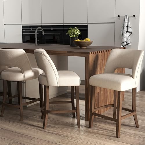 VKNOW Bar Stools Set of 2, 26" Fabric Counter Height Bar Stools, Beige | Modern Upholstered Counter Stools with Rubberwood Legs for Kitchen Island Dining Room Bar - color: Beige, size: Set of 2