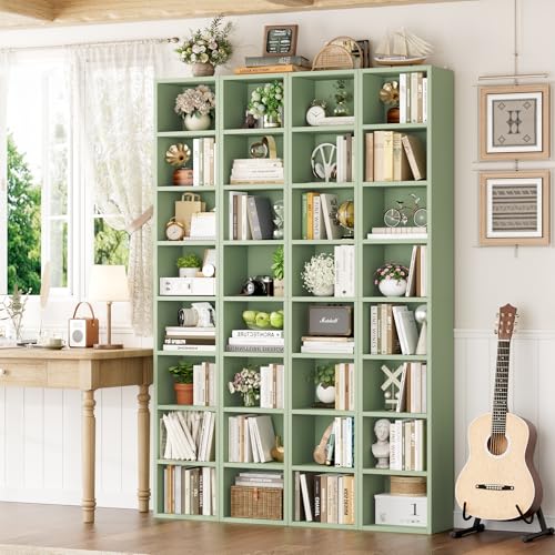 FOTOSOK 2 Pcs 71'' Tall Narrow Bookshelf, 8-Tier Media Tower Rack Set of 2 | CD DVD Storage Cabinet with Adjustable Shelves, Tall Narrow Bookcase Skinny Display Bookshelf Slim Shelf, Green - color: Green