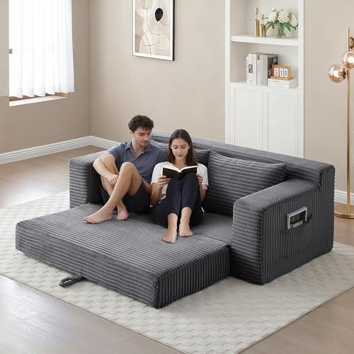 73" Corduroy Cloud Loveseat Sofa, 2-in-1 Convertible Sleeper Sofa Bed with Memory Foam, No-Assembly Sofa-in-a-Box for Small Spaces Living Room/Apartment/Office (Grey) | Corduroy - color: Grey