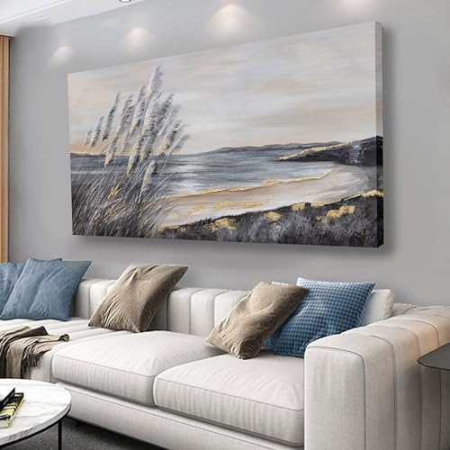 Yuaxker Ocean Art Wall Decor Grey and Gold Ocean Wall Art Large Modern Prints Trendy Canvas Painting for Living Room, Bedroom, Dining Room Office Home Decor 30x60 inch - color: grey and gold, size: 30"x60"