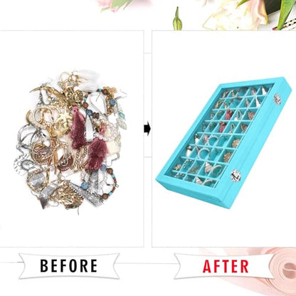 Siveit Velvet Jewelry Tray 48 Grid Jewelry Display Tray Organizer Box with Transparent Lid Rings Earrings Necklaces Pendants Display Box Suitable for Women and Girls (Light Blue) - color: Light Blue