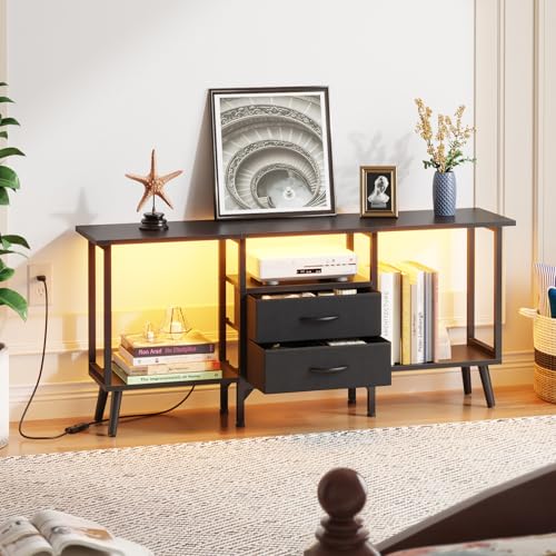 GYIIYUO Small TV Stand with Fabric Drawers/LED Light for 55 inch TV,Black | Entertainment Center with Storage Open Shelves，Media Console Table for living room, bedroom