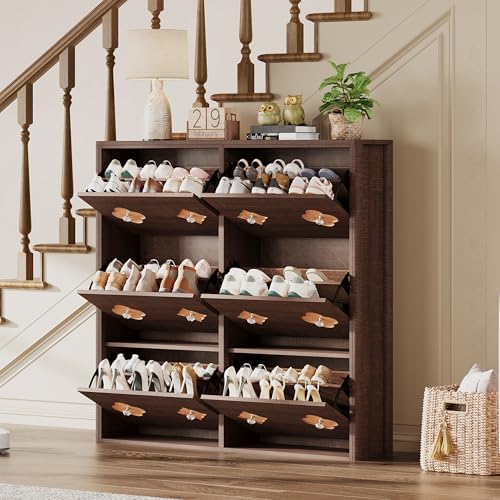 GarveeHome Shoe Storage Cabinet with 6 Flip Drawers, Narrow Wood Shoe Organizer Cabinet with Floral Pattern, Freestanding Slim Shoe Rack Cabinet with Adjustable Shelves, for Entryway, Hallway, Brown | Floral Pattern, Shoe Storage Cabinet for Entryway, Hal