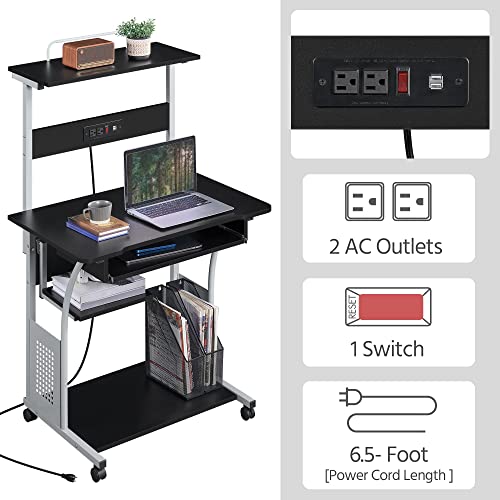 Yaheetech Small 3-Tier Rolling Computer Desk, Power Outlet, Black | Engineered wood tiers and metal frame suit small spaces, holding a monitor, printer, and keyboard tray by a built-in outlet. - color: Black