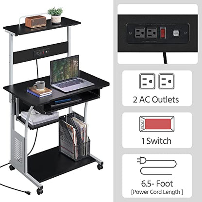 Topeakmart Rolling Computer Desk with Charging Station and 2 USB Ports for Small Space, Study Writing Desk with Keyboard Tray and Printer Shelf for Home Office, Compact Study Table with Wheels, Black - color: Black