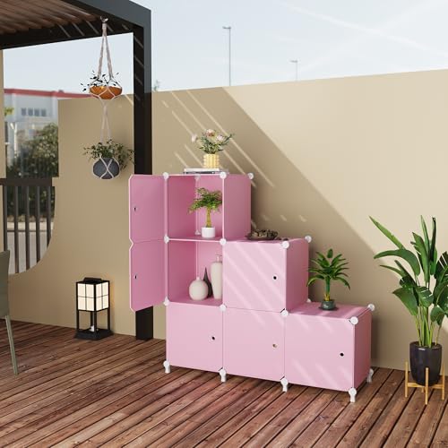 6Cube Storage Organizer Modular Stackable with Doors Pink | Sturdy plastic 6-cube cabinet with doors, 30x30x30cm per cube, tool-free snap assembly, ideal for bedroom, stairs, closet - color: Pink