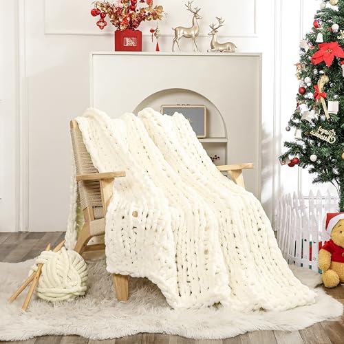 WESHIONGOO Chunky Knit Throw Blanket 51"×63" Cream White | Knitted Throw blankets for Couch Bed Fluffy Soft Blanket With Jumbo Chenille Yarn Thick 100% Handmade - color: Cream White, size: 51"x63"(Large Size Throw)