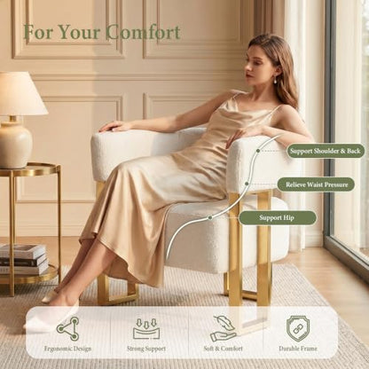 Modern White Boucle Accent Chairs Set of 2, Barrel Chairs for Living Room | STHOUYN Bedroom Armchairs, Curved Barrel Design, Soft Boucle Upholstery, Gold-Tone Legs, Wide Seats, Small Space Office - color: White
