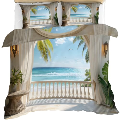 Coastal Duvet Cover Cal King Arch Balcony Bedding Sets | Tropical Palm Leaf Comforter Set, Zipper & Ties, Turquoise Ocean Duvet Cover & 2 Pillow Cases, Reversible Print - color: Arch Balcony, size: California King (98 x 104 in)