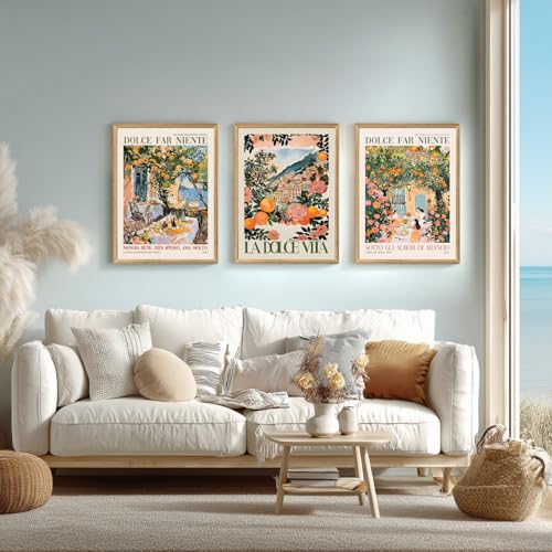 Cyebmo Italy Travel Wall Art set of 3, Trendy Amalfi Coast Wall Decor, Italian Food Canvas Painting, Vintage Italian City Poster Prints for Bedroom Dining Room Living Room Wood Framed 16"x24"x3 - color: Italian(Wood), size: 24"L x 16"W
