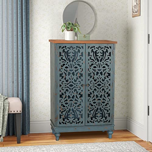 PHI VILLA 2 Door Tall Accent Cabinet, Carved Buffet Cabinet with Storage | Tall Accent Cabinet with Doors, Decorative Carved Stand, Distressed Entryway Storage Cabinet, for Hallway, Living Room - color: Blue, size: 2 Door-Tall