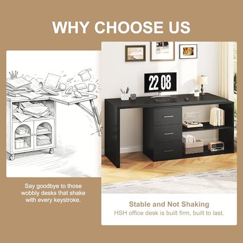 HSH 55-76 Inch Black Farmhouse L Shaped Desk with Drawers 360 Rotating | Office Desk Conner Coumputer Desk With storage Long For Work,Executive,Study,Writing,Teacher,Bedroom,Modern Gaming Table - color: Black