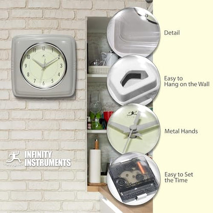 Infinity Instruments Square Retro Wall Clock, Stone Grey, 9.25" - color: Stone Grey