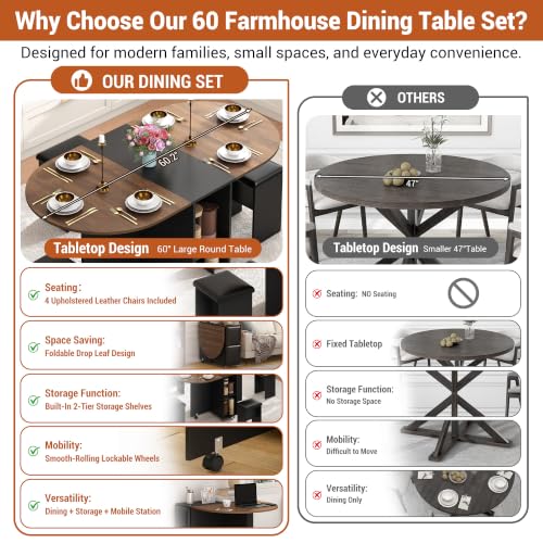5 PCS Farmhouse Dining Table Set for 4,60" Large Round Folding Dining Table Set w/ 4 Leather Chairs, Drop Leaf Oval Modern Kitchen Table for Small Spaces,6 Wheels,2-Layer Storage Shelf,Walnut - color: Walnut