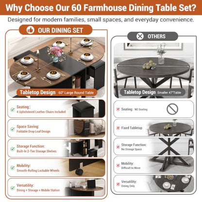 5 PCS Farmhouse Dining Table Set for 4,60" Large Round Folding Dining Table Set w/ 4 Leather Chairs, Drop Leaf Oval Modern Kitchen Table for Small Spaces,6 Wheels,2-Layer Storage Shelf,Walnut - color: Walnut