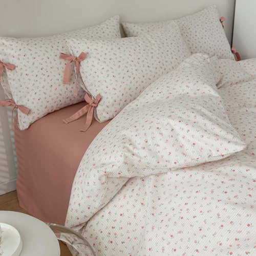 Pink Flower Duvet Cover Twin Vintage Floral Pink Stripes Duvet Cover Cotton Floral Blossom Comforter Cover Cottagecore Bedding Sets with 2 Bowknot Pillowcases Girls Botanical Floral Duvet Cover Set - color: A1# 01-3 Bow Tie Pink Floral, size: Twin(68"x86"