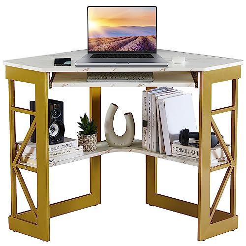 VECELO Corner Computer Desk 41 x 30 inches with Smooth Keyboard & Storage Shelves for Home Office Workstation,White & Gold - color: White & Gold