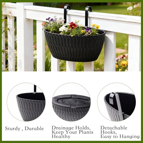 9 Inch Hanging Flower Pots, 3 Pcs Black Railing Fence Hanging Bucket Planter with Detachable Hooks, Countryside Window Plant Holder for Outdoor Garden Yard Home Decor