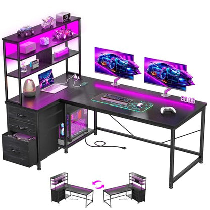 DurayLoly 55" L Shaped Gaming Desk with 3 Fabric Drawers & Shelves | Easy to Assemble Computer Desk with LED Lights, Power Outlet and PC Stand,Home Office Desk for Gaming Room Bedroom,Black - color: Black, size: 18.9"D x 55.1"W x 59"H