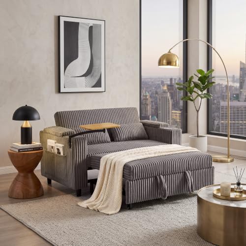 LINSY HOME 3-in-1 Pull Out Sofa Bed, 58" Convertible Sleeper Sofa for Living Room, 360° Swivel Table, Storage Armrests, Charging Station, Cup Holders, 2 Pillows, Corduroy Loveseat Futon Couch, Grey - color: Grey