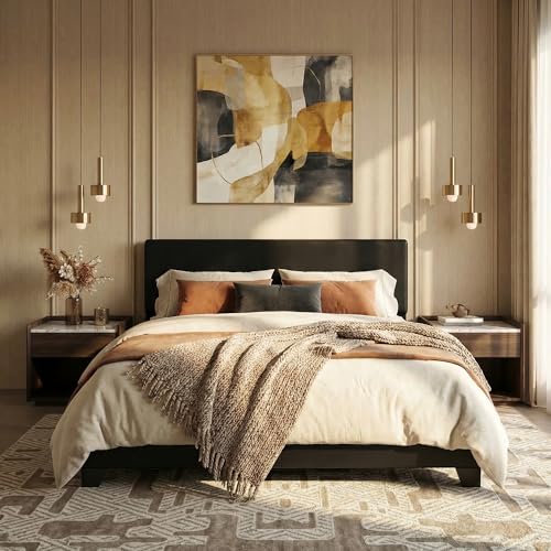 SHA CERLIN PU Leather Upholstered Full Size Bed Frame with Headboard, Black | Adjustable Low-Profile Platform Bed, Minimalist Design, Stable Mattress Foundation, Strong Back-Support, No Box Spring Needed - color: Black, size: Full