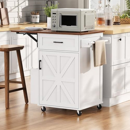 39.3"Farmhouse Kitchen Island with Open Side Rack and Drop Leaf and,Small Kitchen Rolling Cart with Drawer and Storage Cabinet, Narrow Mobile Dining Table with Lockable Wheels and Towel Rack White - color: White