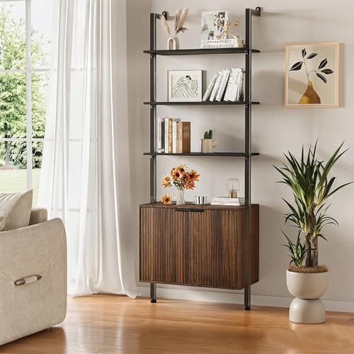 74" Tall Bookshelf with Storage Cabinet, Modern Ladder Shelf with Wood and Metal Frame, Wall Mount Bookcase Open Display Shelf Furniture for Living Room, Bedroom, Home Office, Walnut - color: Walnut