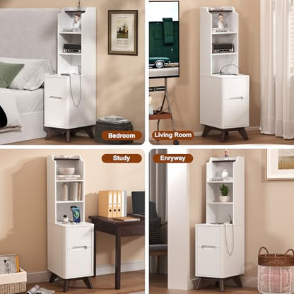 Tall Nightstand with Charging Station, Narrow Side Table with Bookshelf | 47" Tall Free Standing Wooden Night stand with 2 Drawers and 4 Open-Shelves, Modern End Bedside Table for Bedroom, White - color: White, size: Tall (2 drawer)