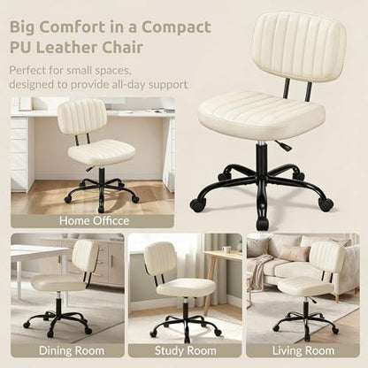 Swivel Rolling Office Chair, Armless Pu Leather Vanity Chair with Back Lumbar Support Height Adjustable Computer Chair, Small Desk Chair for Home Office, Beige White - color: Beige White